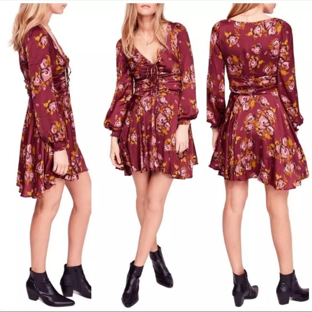 New! FREE PEOPLE Womens Printed Morning Light Mini Dress size 2 Long Sleeve
